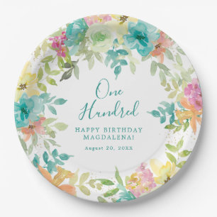 Summer Watercolor Floral Custom 100. Geburtstag Pappteller