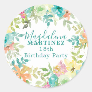 Summer Watercolor Floral Custom 18. Geburtstag Runder Aufkleber