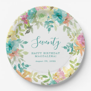 Summer Watercolor Floral Custom 70. Geburtstag Pappteller