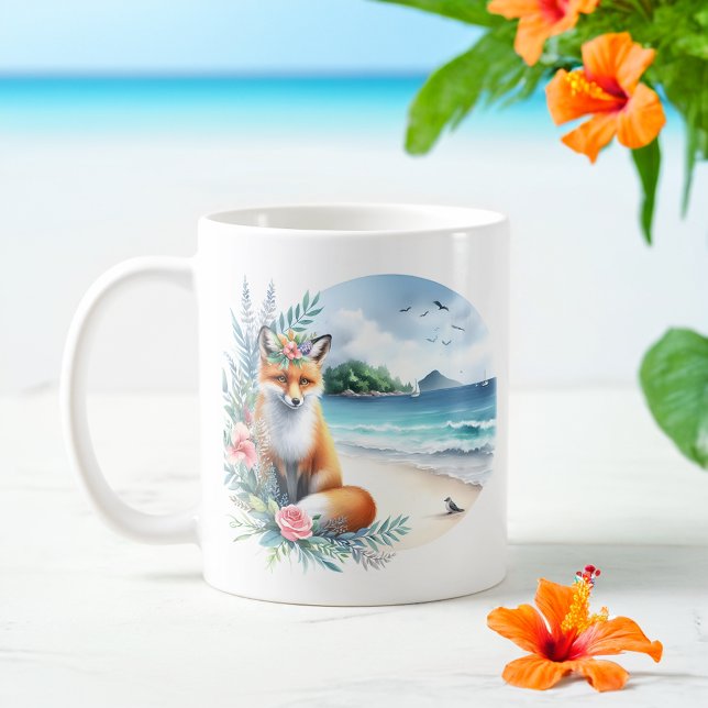 Summer Watercolor Fox am Strand Kaffeetasse (Von Creator hochgeladen)