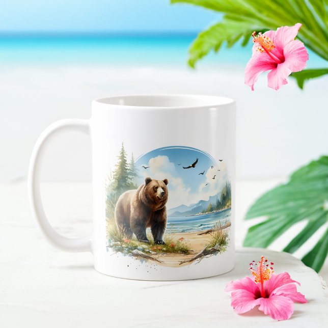 Summer Watercolor Grizzly Bär am Strand Kaffeetasse (Von Creator hochgeladen)