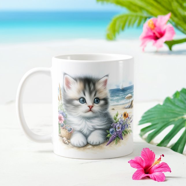 Summer Watercolor Kitten am Strand Kaffeetasse (Von Creator hochgeladen)