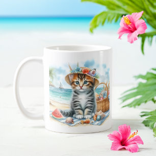 Summer Watercolor Kitten am Strand Kaffeetasse
