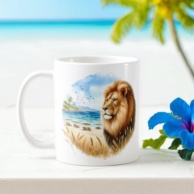 Summer Watercolor Löwe am Strand Kaffeetasse (Von Creator hochgeladen)