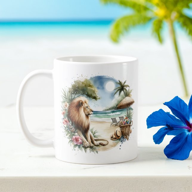 Summer Watercolor Löwe am Strand Kaffeetasse (Von Creator hochgeladen)