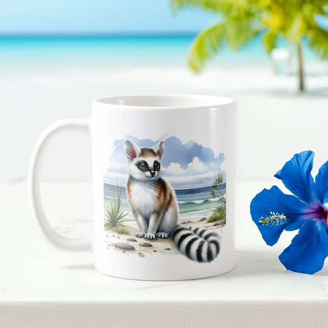 Summer Watercolor Ringtail am Strand Kaffeetasse (Von Creator hochgeladen)