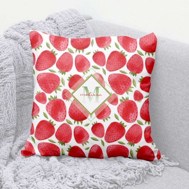 Summer Watercolor Strawberry Monogram Pillow 🍓 Kissen (Modern Strawberries Pattern Pillow with Ombre Monogram)