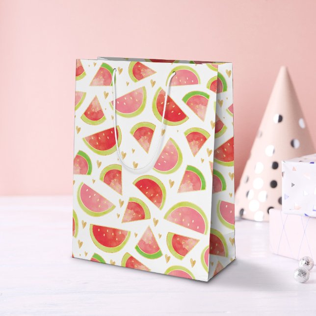 Summer Watermelon Slices & Gold Herzdesign Mittlere Geschenktüte (Watermelon & Hearts Pattern Gift Bag)