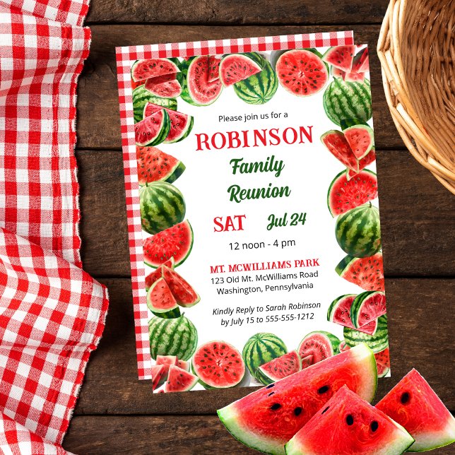 Summer Watermelons Frame | Karo Family Wiedersehen Einladung (Fresh Summer Watermelons Frame | Red and White Gingham Checks Family Reunion Invitation)