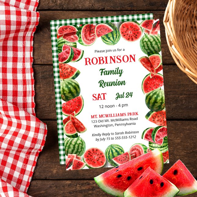Summer Watermelons Frame | Karo Family Wiedersehen Einladung (Fresh Summer Watermelons Frame | Back Green and White Gingham Checks Family Reunion Invitation)