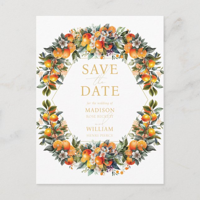 Summer Wedding Orange Citrus Save the Date Ankündigungspostkarte (Vorderseite)