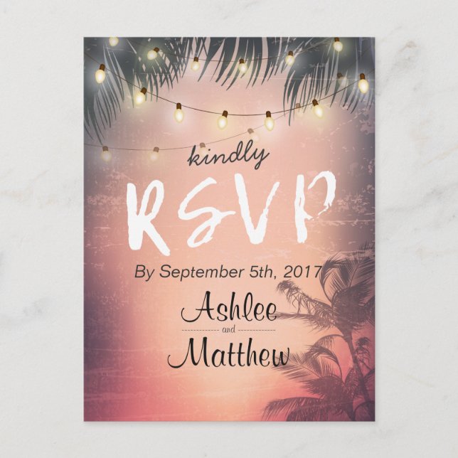Summer Wedding String Lights Palm Tree UAWG Antwor Einladungspostkarte (Vorderseite)