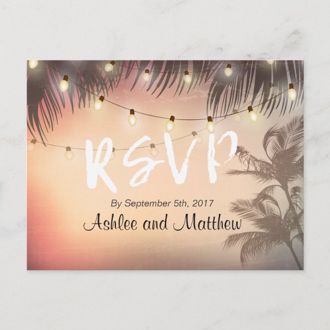 Summer Wedding String Lights Palm Tree UAWG Antwor Einladungspostkarte (Vorderseite)