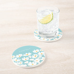 Summer White Cosmos Blume Individuelle Name Getränkeuntersetzer