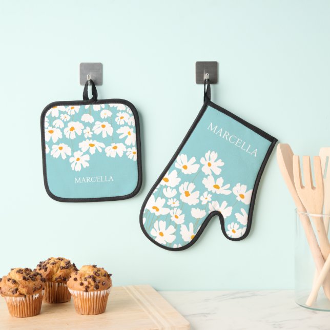 Summer White Cosmos Blume Individuelle Name Ofenhandschuh & Topflappen-Set (Insitu (Hängend))