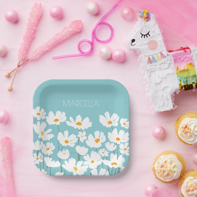 Summer White Cosmos Blume Individuelle Name Pappteller (Party)