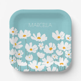 Summer White Cosmos Blume Individuelle Name Pappteller