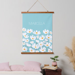 Summer White Cosmos Blume Individuelle Name Wandteppich Mit Holzrahmen