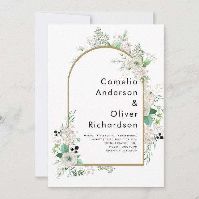 Summer White Roses Emerald Greenerity Wedding Einladung (Vorderseite)