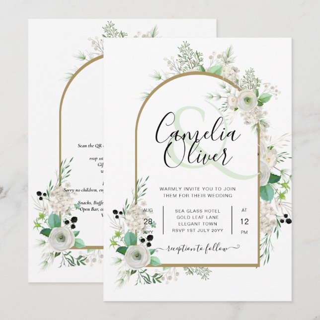 Summer White Roses Emerald Greenerity Wedding Einladung (Vorne/Hinten)