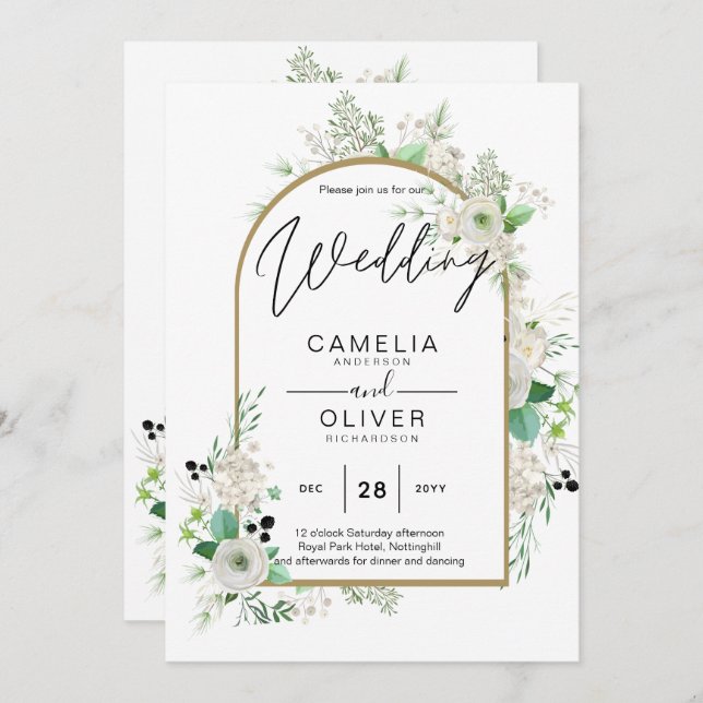 Summer White Roses Emerald Sage Greenerity WEDDING Einladung (Vorne/Hinten)