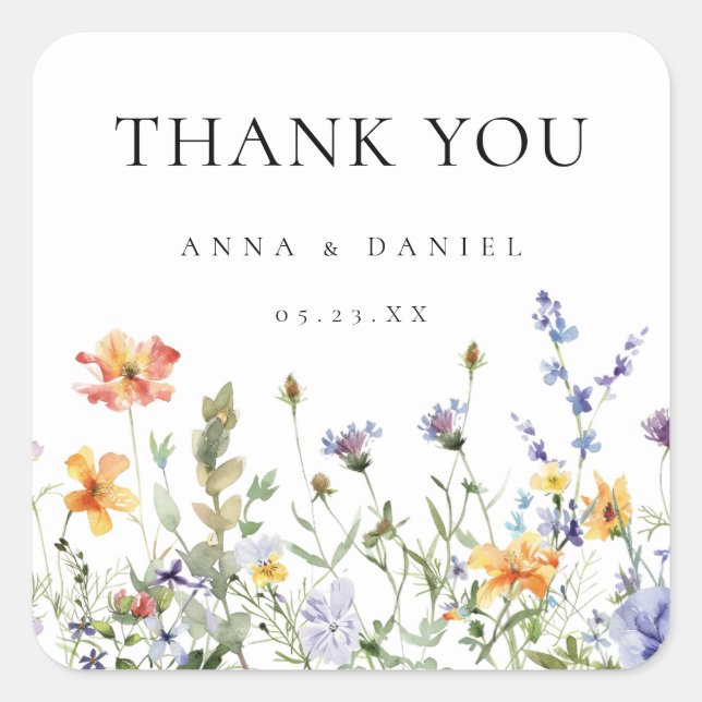 Summer Wildblume Garden Wedding Danke Quadratischer Aufkleber (Vorderseite)