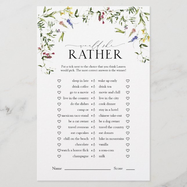 Summer Wildblume Watercolor Brautparty Game (Vorderseite)