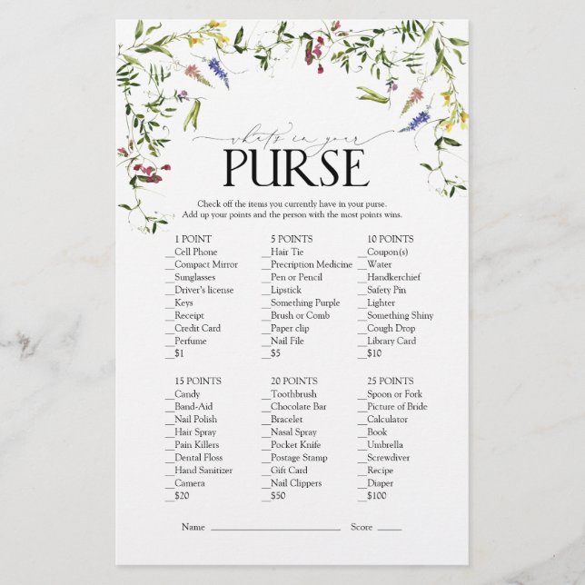 Summer Wildblume Watercolor Brautparty Game (Vorderseite)
