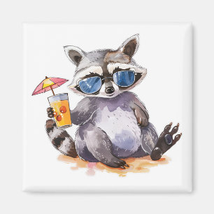 Summertime Beach Raccoon Aquarell Magnet