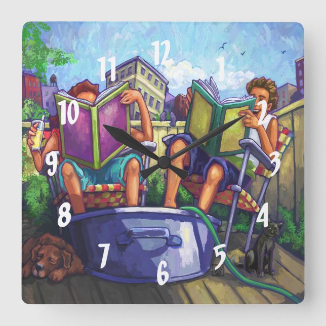 Summertime Reading Quadratische Wanduhr (Vorderseite)