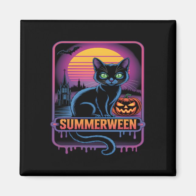 Summerween Black Cat Pumpkin Retro Halloween Art Magnet (Vorne)