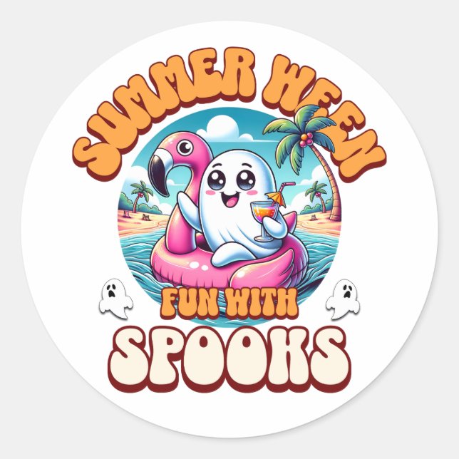 Summerween Cute Ghost Flamingo Float Beach Party Runder Aufkleber (Vorderseite)