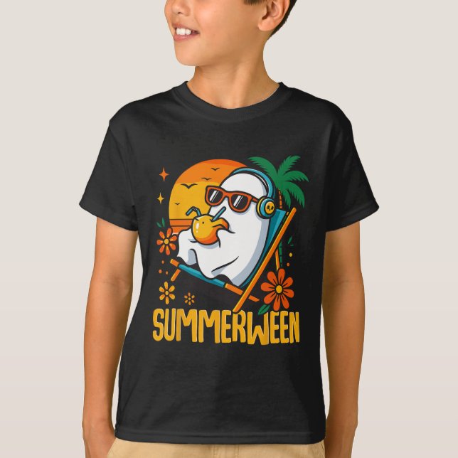 Summerween Funny Ghost Halloween Summer Beach Vibe T-Shirt (Vorderseite)