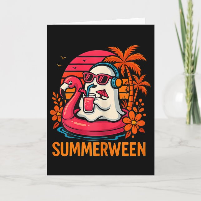 Summerween Funny Ghost Halloween Summer Flamingo B Karte (Vorderseite)