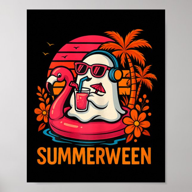 Summerween Funny Ghost Halloween Summer Flamingo B Poster (Vorne)