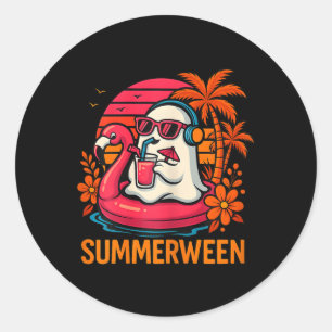 Summerween Funny Ghost Halloween Summer Flamingo B Runder Aufkleber