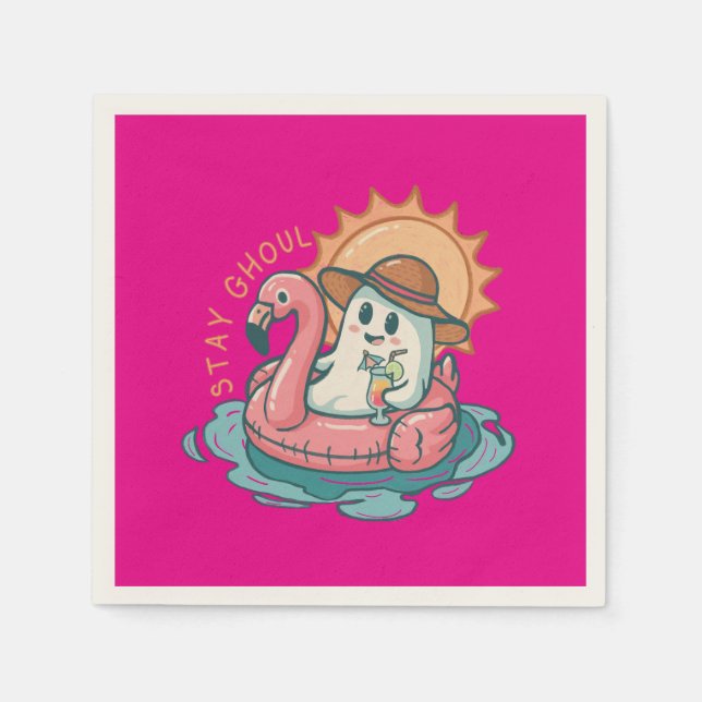 Summerween Ghoul Geist auf einer Flamingo-Schwimmh Serviette (Vorderseite)