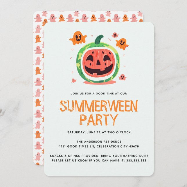 Summerween Melon-o-Lantern Summer Halloween-Party Einladung (Vorne/Hinten)