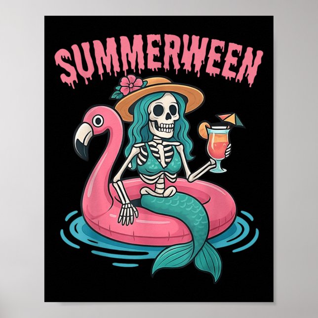 Summerween Mermaid Skeleton Beach Flamingo Hallowe Poster (Vorne)
