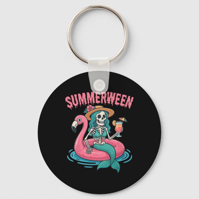 Summerween Mermaid Skeleton Beach Flamingo Hallowe Schlüsselanhänger (Vorderseite)