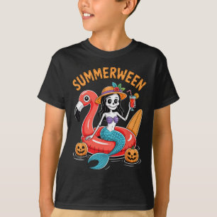 Summerween Mermaid Skeleton Beach Flamingo Hallowe T-Shirt