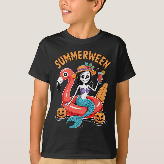 Summerween Mermaid Skeleton Beach Flamingo Hallowe T-Shirt (Vorderseite)