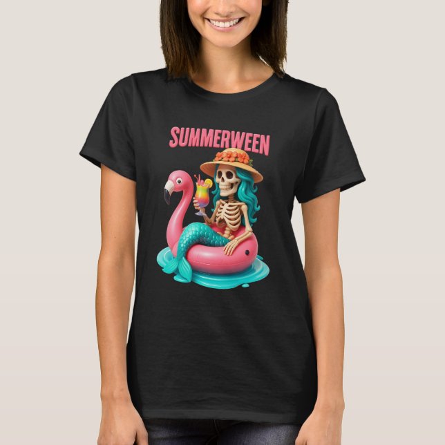 Summerween Mermaid Skeleton Beach Flamingo Hallowe T-Shirt (Vorderseite)