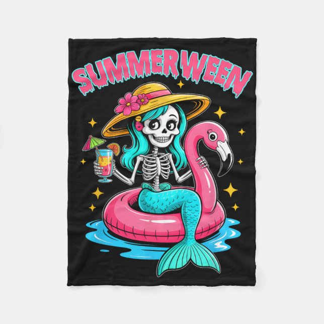 Summerween Mermaid Skeleton Halloween Flamingo Sum Fleecedecke (Vorderseite)