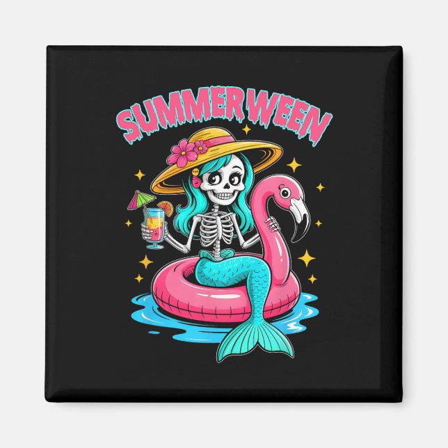Summerween Mermaid Skeleton Halloween Flamingo Sum Magnet (Vorne)