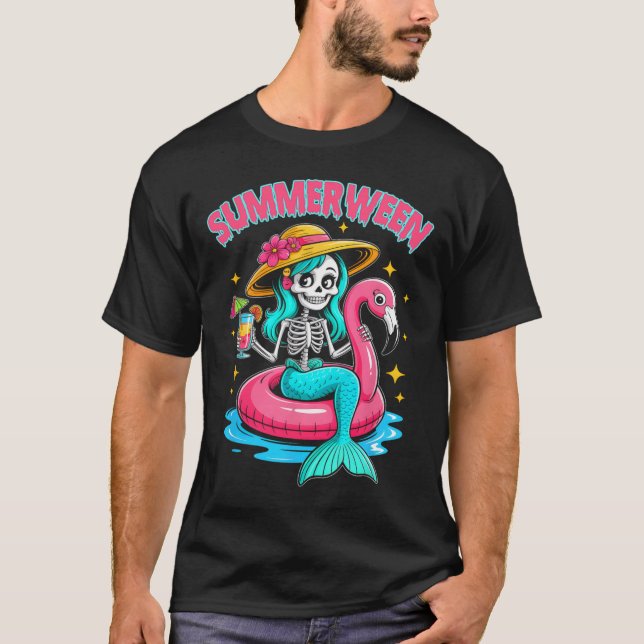 Summerween Mermaid Skeleton Halloween Flamingo Sum T-Shirt (Vorderseite)
