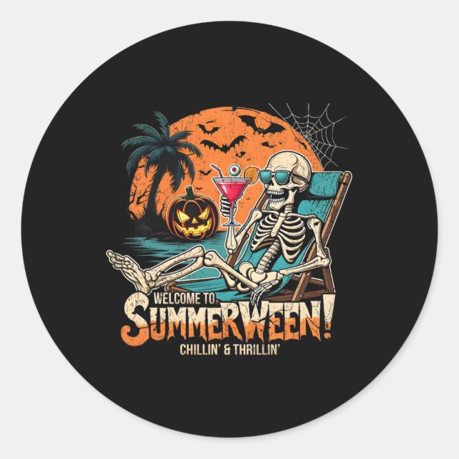 Summerween Skeleton Beach Halloween Tropical Art Runder Aufkleber (Vorderseite)