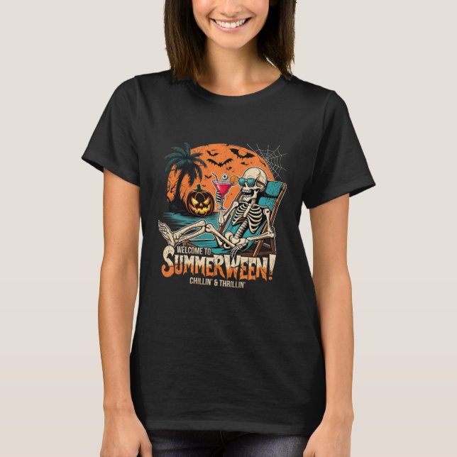 Summerween Skeleton Beach Halloween Tropical Art T-Shirt (Vorderseite)
