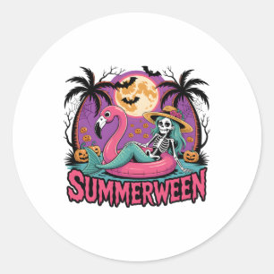 Summerween Skeleton Flamingo Halloween Summer Girl Runder Aufkleber