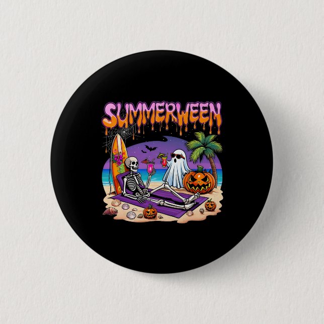 Summerween Skeleton Ghost Beach Funny Spooky Hallo Button (Vorderseite)